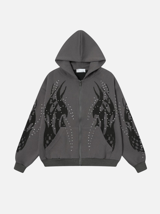 FIRODA - Oversized Rhinestone Zip Up Hoodie