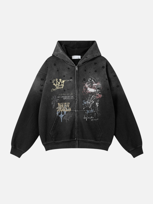 KINGRESS - Oversized Print Zip Up Hoodie